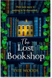 The front cover of the book The Lost Bookshop shows a house nestled amongst the books on a bookshelf. The house stands out from the books as it has a yellow colour palette whereas all the books are blues and greens. 
